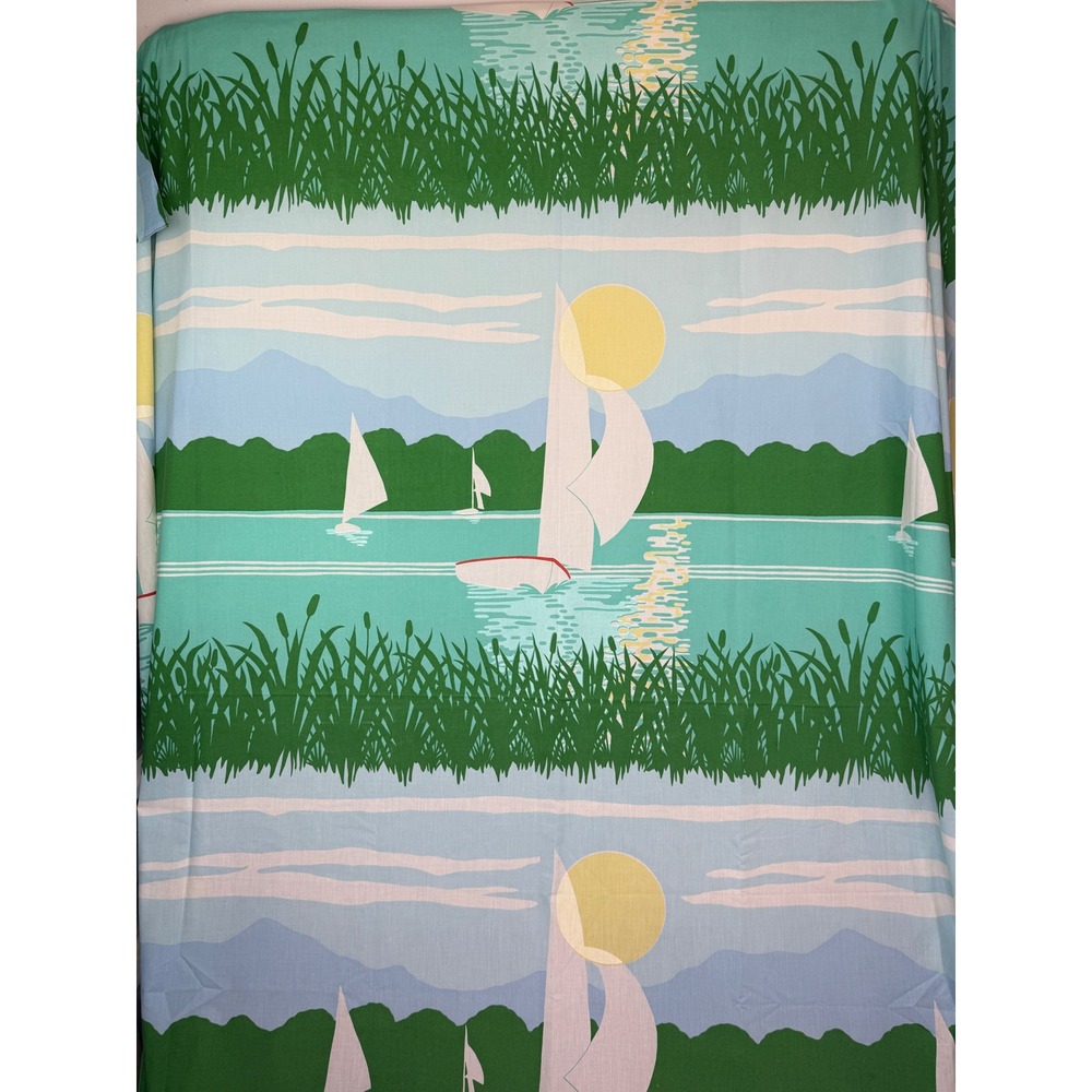 Vintage Nautical Sailboat Lake‎ Scene Queen Flat Sheet Teal Green Blue 102x90